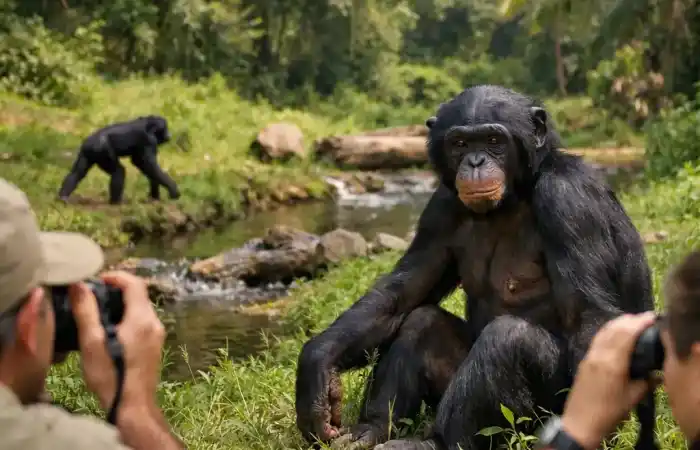 בונובו ביער ירוק במרכז השיקום לולה יה בונובו, בסביבה טבעית ומוגנת
