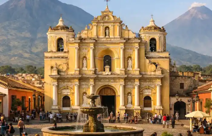 אנטיגואה גואטמלה עם רחובות מרוצפים, כיכר קולוניאלית והרי געש ברקע