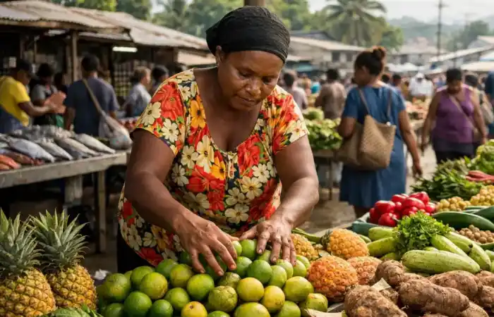 שוק מקומי ססגוני בהוניארה עם דוכני פירות, ירקות ודגים ואנשים בתנועה