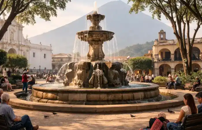 כיכר מרכזית באנטיגואה גואטמלה עם עצים, מזרקה ואנשים יושבים בצל