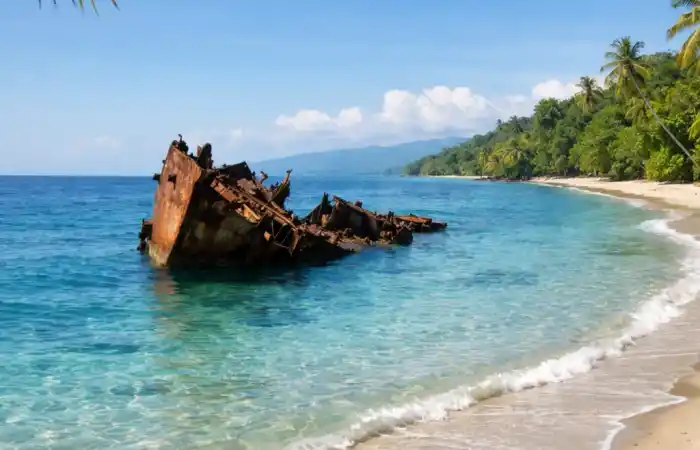 חוף טרופי שקט עם מים צלולים ושברי ספינה טרופה נראים ליד החוף