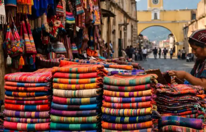 דוכן שוק צבעוני באנטיגואה עם טקסטיל גואטמלי, תיקים ורקמות מסורתיות