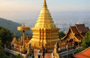 מקדש זהוב בראש הר דוי סוטפ מעל צ׳יאנג מאי, עם נוף רחב של העיר מתחת ואור בוקר רך