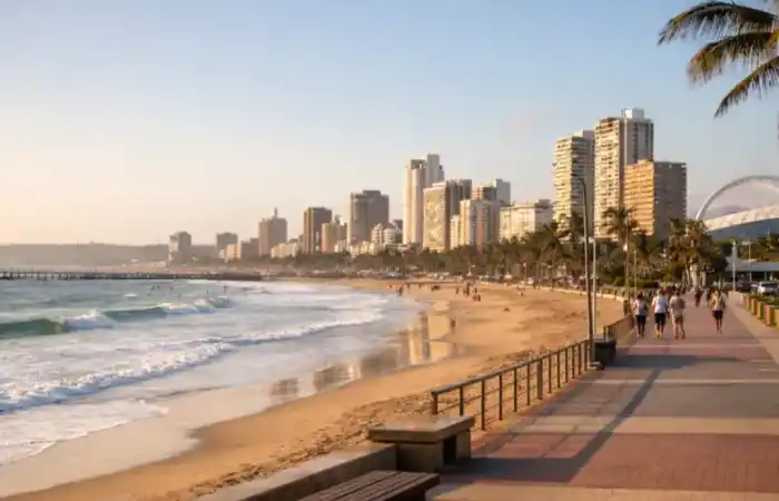 טיילת חוף רחבה בדרבן מול האוקיינוס ההודי, עם אווירת עיר חוף תוססת