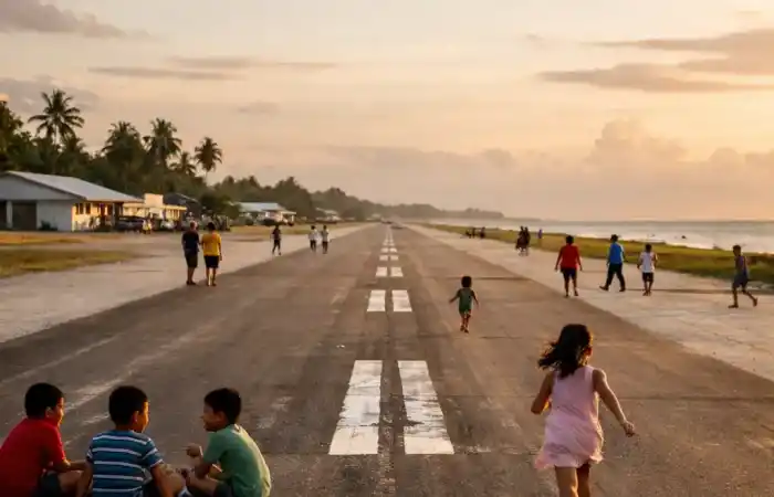 מסלול שדה התעופה בפונאפוטי עם ילדים ותושבים משחקים עליו כשהוא פנוי ממטוסים