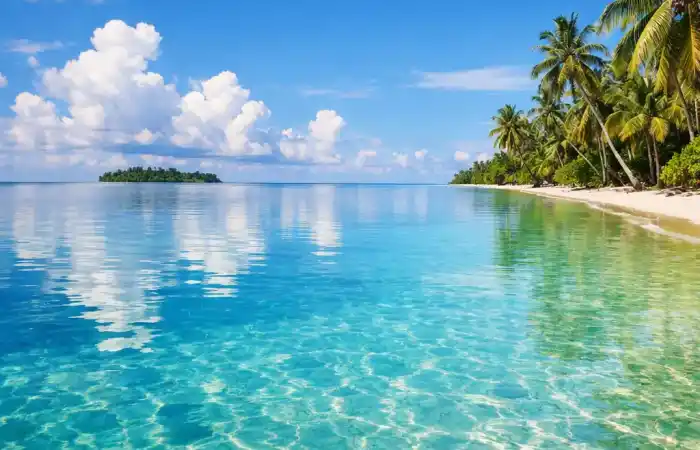 לגונה כחולה וצלולה בפונאפוטי עם חוף שקט ושורת עצי קוקוס