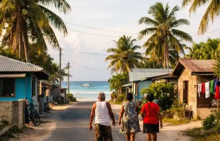 רחוב שקט בפונאפוטי עם בתים נמוכים, עצי קוקוס ומקומיים הולכים באיטיות ליד הים