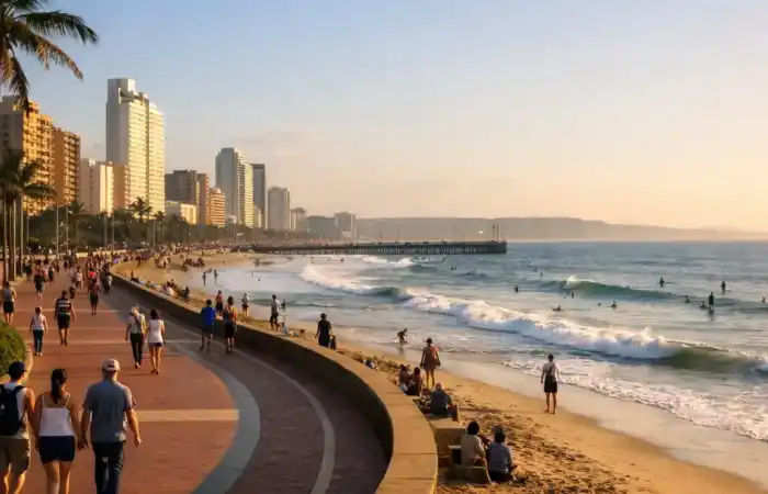 טיילת חוף רחבה בדרבן מול האוקיינוס ההודי עם הולכי רגל וגולשים