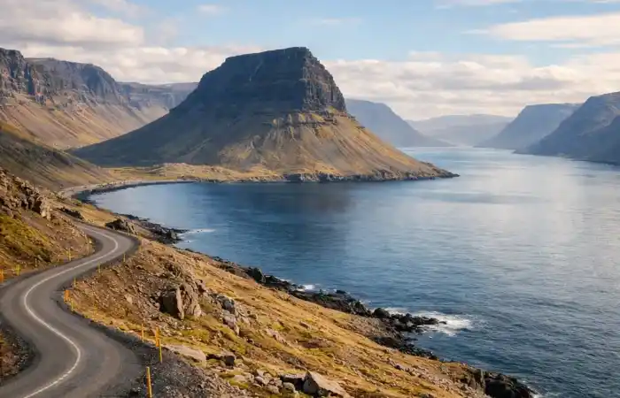 פיורדים מערביים באיסלנד עם כביש מתפתל, פיורד דרמטי, הרים חשופים ואור רך