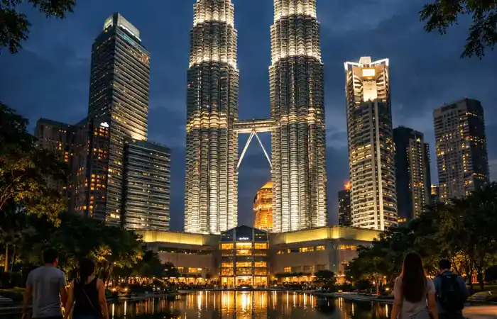 מבט לילי על מגדלי פטרונס המוארים מעל רחבת KLCC עם עצים, מטיילים וקו רקיע מודרני סביבם