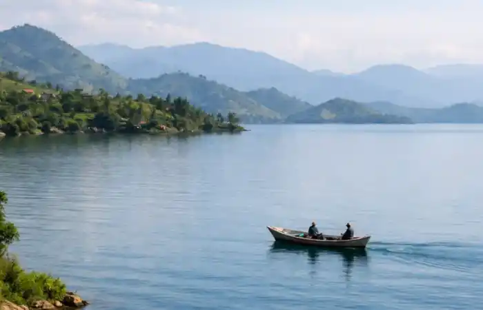 אגם קיוו שקט עם חוף ירוק, גבעות והרים ברקע וסירה קטנה על פני המים