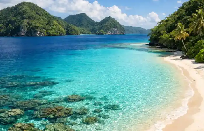 לגונה טורקיזית במיקרונזיה עם חוף לבן, מים צלולים ושוניות אלמוגים סמוך לחוף