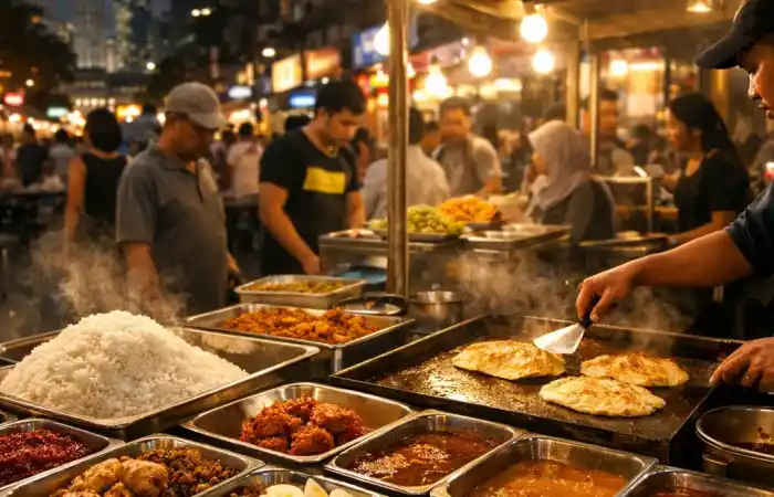 דוכן אוכל רחוב בקואלה לומפור עם נאסי למאק, רוטי ומנות מקומיות מוגשות לצד אורות ערב ואווירה תוססת