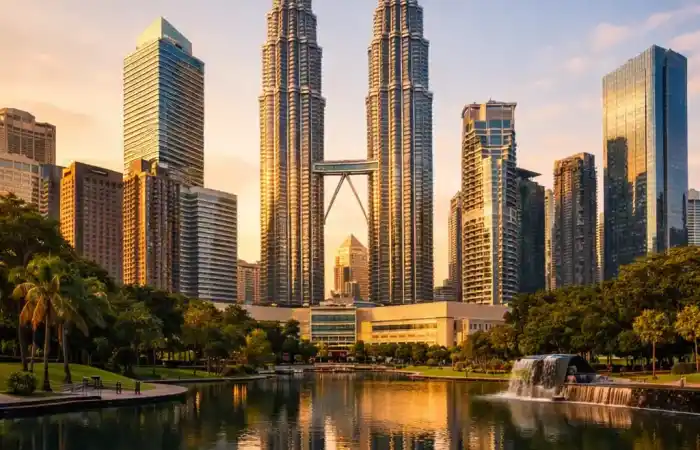 קו הרקיע של קואלה לומפור עם מגדלי פטרונס מעל העיר המודרנית והירוקה