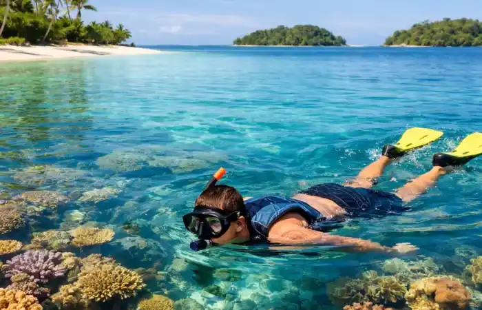 שנורקלינג בונואטו ליד פורט וילה, עם מים צלולים, ריף אלמוגים וחוף טרופי רגוע