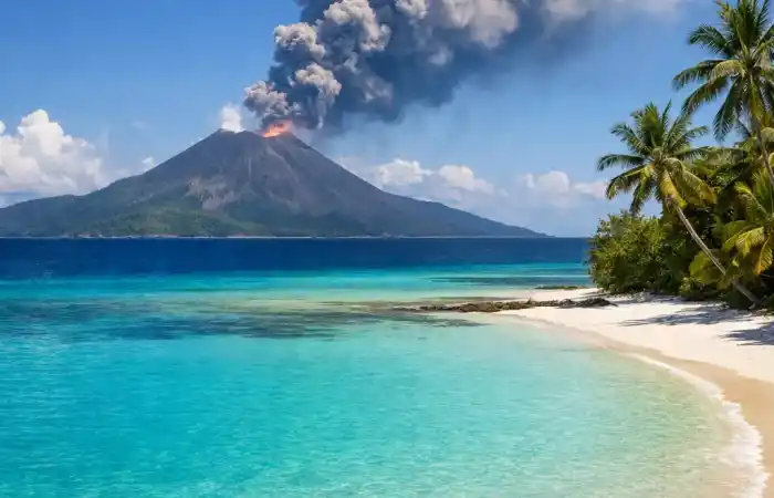 נוף טרופי בונואטו עם לגונה כחולה, חוף לבן ומים צלולים באווירה שלווה