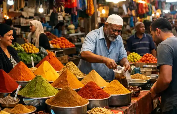 שוק הודי צבעוני בדרבן עם דוכני תבלינים, ירקות ובדים