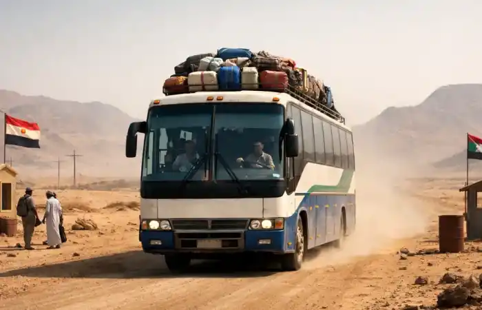 אוטובוס נוסע במדבר בין אסואן לחרטום, עם נוסעים וסחורות בדרך לגבול.