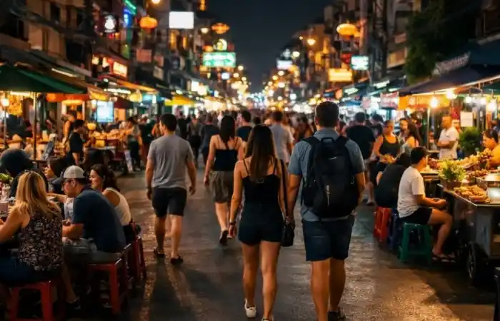 רחוב קאו סאן בבנגקוק עם אווירת ערב תוססת, אורות ניאון ומטיילים בין דוכנים
