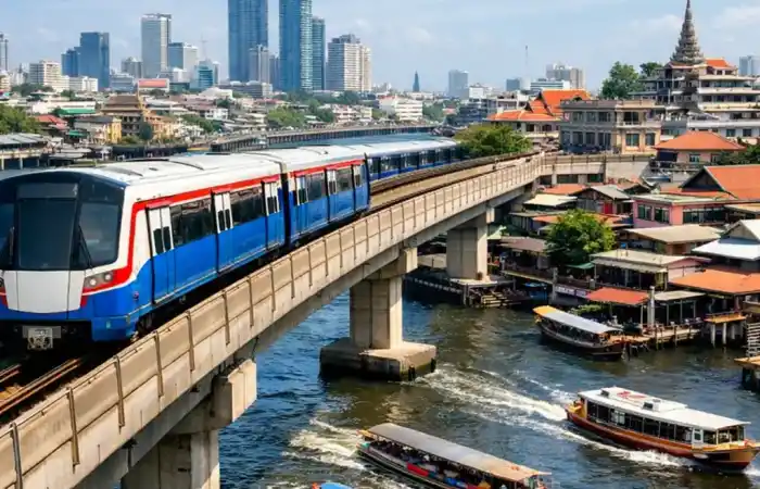 נוף עירוני בבנגקוק עם רכבת BTS, נהר צ'או פראיה וסירות חולפות ליד העיר