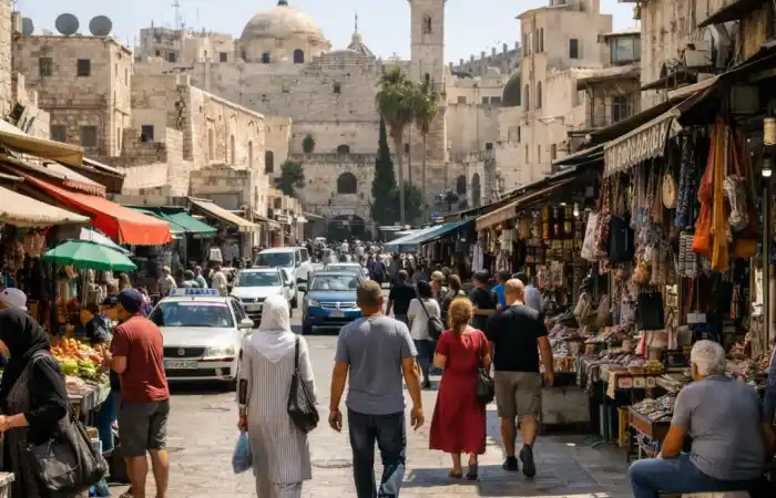 רחוב הומה בבית לחם עם חנויות, הולכי רגל ואווירה עירונית מקומית ליד האתרים הקדושים