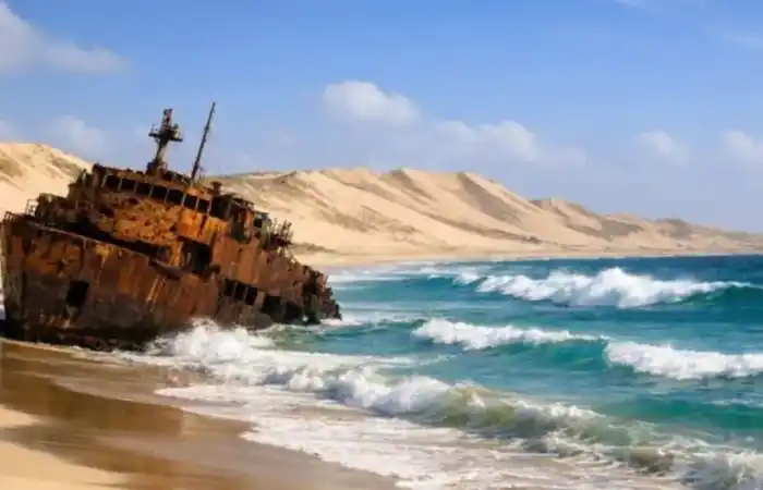 נוף חופי פראי בבואה ויסטה, כף ורדה, עם ספינה טרופה ודיונות חול ברקע