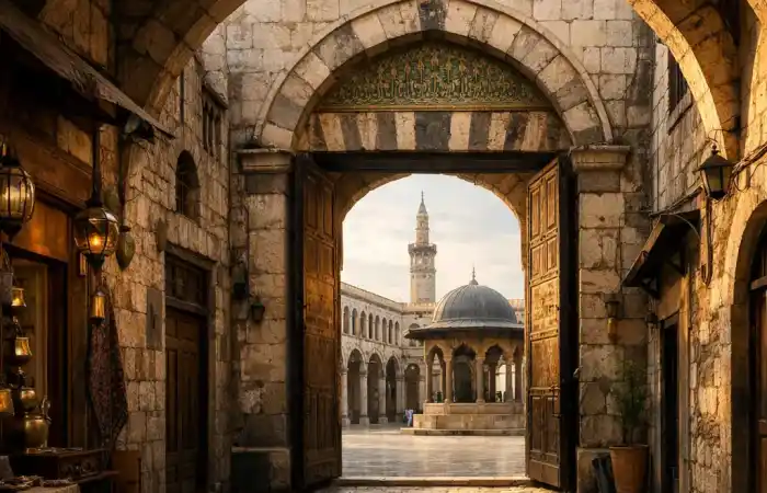 נוף היסטורי של דמשק העתיקה בסוריה, עם סמטאות אבן, קשתות עתיקות ושוק מסורתי