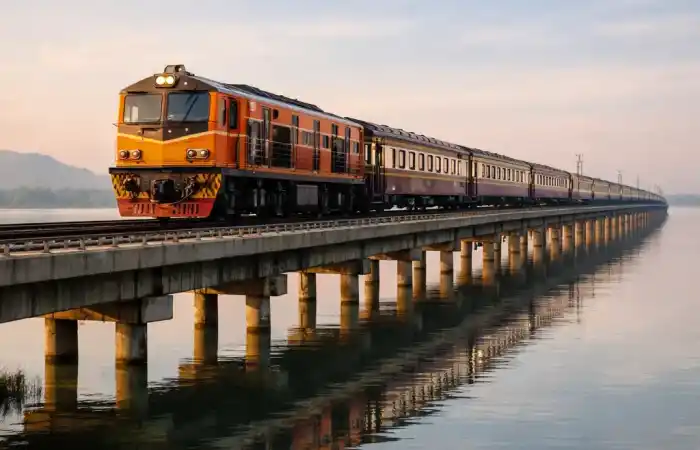 רכבת נוסעת על המסילה מעל המים בסכר פא סאק ג'ולאסיד בתאילנד