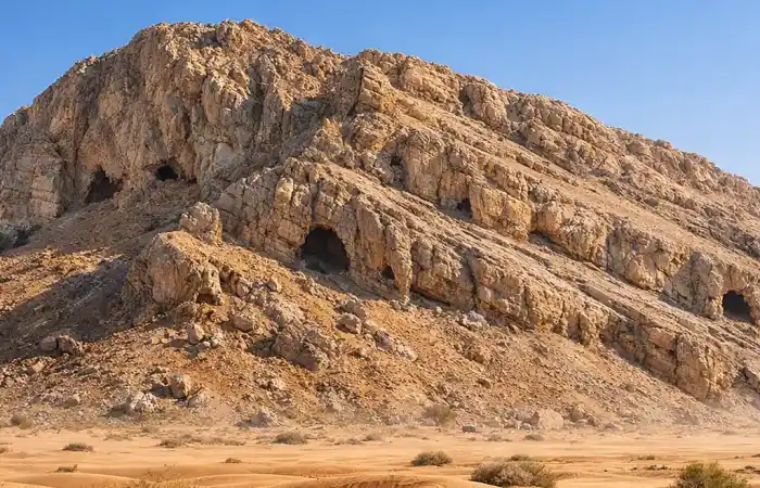 נוף מדברי של ג׳בל פאיה בשארג׳ה, הר סלעי ופתחים במדרון מול שמיים פתוחים