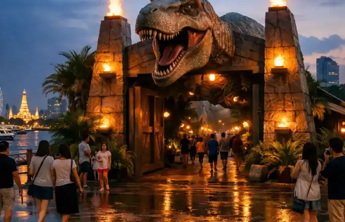 מתחם Jurassic World בבנגקוק עם דינוזאורים ותפאורת ערב באסיאטיק ליד הנהר