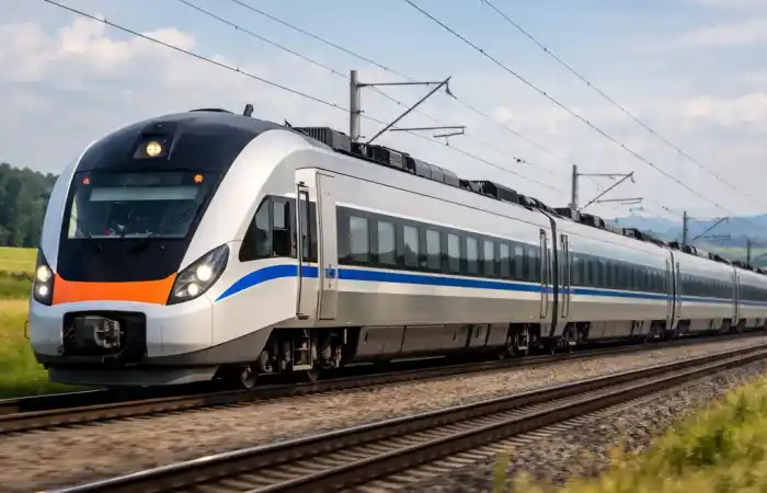 רכבת בין קייב ללביב חולפת בנוף אוקראיני, מסע עירוני רגוע ומרשים