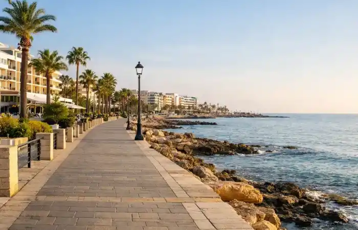 טיילת חוף בפאפוס בקפריסין עם ים כחול, מלונות חוף ושביל הליכה רגוע