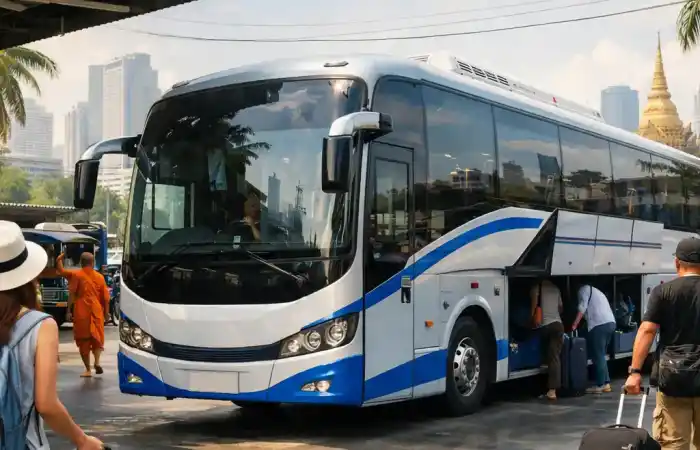 אוטובוס בין פאטאיה לבנגקוק בתאילנד, עם תחנת נסיעה עירונית ואווירת מעבר למטיילים