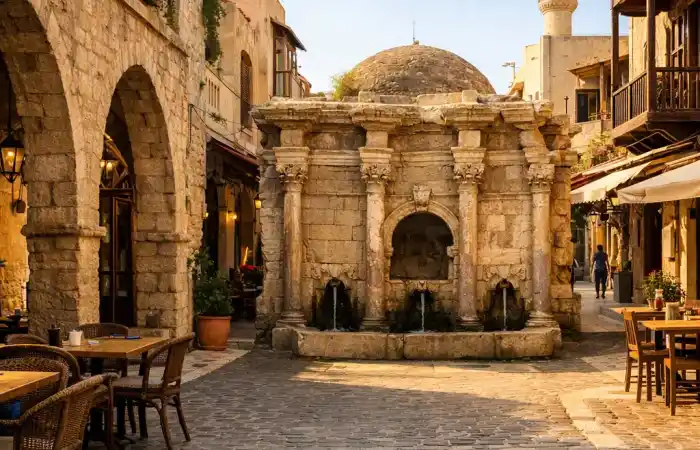 העיר העתיקה של רתימנו בכרתים עם סמטאות אבן, מבנים ונציאניים ונוף ים