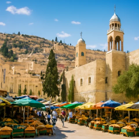 תצלום מקצועי של העיר בית לחם עם כנסיית המולד והשוק המקומי ברקע הרי יהודה