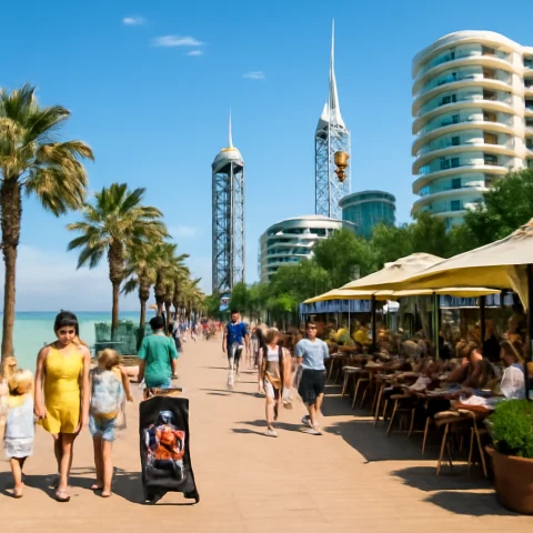 משפחות מטיילות ביום קיץ על טיילת בטומי לצד הים השחור עם מסעדות ואווירת נופש