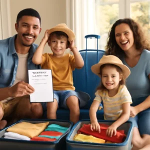 משפחה ישראלית מתארגנת לטיול קיצי עם ילדים, מזוודות ומסמכי ביטוח נסיעות לפני טיסה