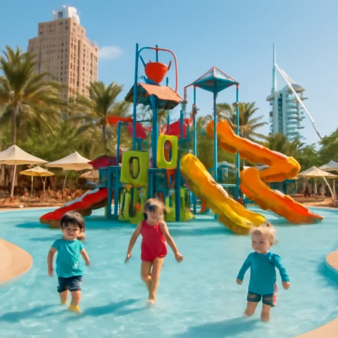 פארק מים בדובאי מותאם לילדים קטנים עם משחקים ומגלשות מים ברמת עומק נמוכה
