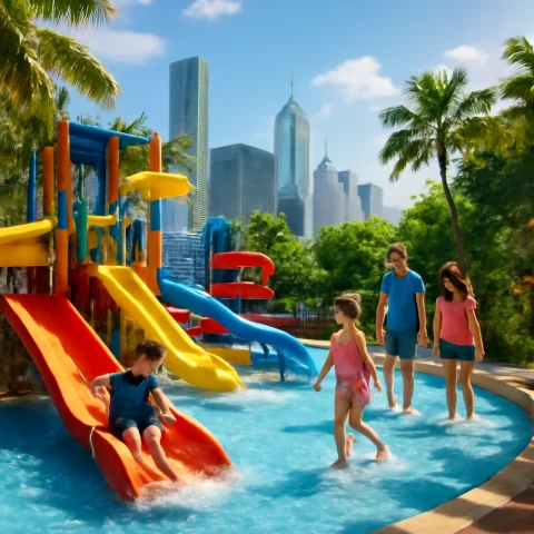 משפחה נהנית בפארק מים בהונג קונג עם מגלשות מים וגורדי שחקים ברקע