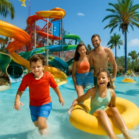 משפחה נהנית בפארק מים קיים בלוס אנג'לס בחום הקיץ בין מגלשות ונהרות עצלים