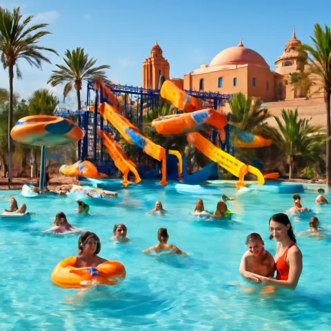 פארק מים צבעוני במרקש עם משפחות נהנות מגלשות ומבריכות תחת שמש זורחת