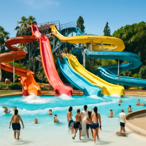 פארק מים צבעוני ועמוס אנשים נהנים במגלשות ובריכות בשמש קייצית בברצלונה וסביבתה