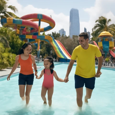 משפחה נהנית מיום שמש בפארק מים צבעוני בהאנוי עם מגלשות ובריכות