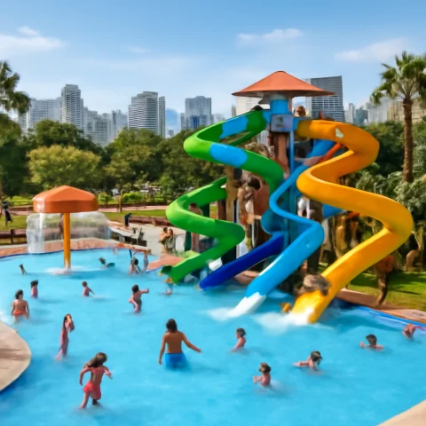 פארק מים משמח ולילי בלימה עם משפחות וילדים נהנים במגלשות ובריכות בקיץ
