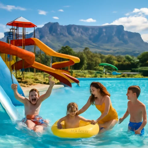 משפחה נהנית מבריכת מים ומגלשות בפארק מים פתוח עם נוף טבעי בקייפטאון