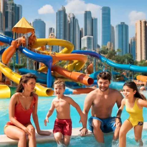 משפחה נהנית בפארק מים עם מגלשות ברקע עיר מודרנית בקטאר
