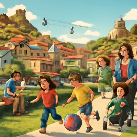 משפחה בחופשה בטביליסי נהנית בפארק עם הרכבל והבתים ההיסטוריים ברקע