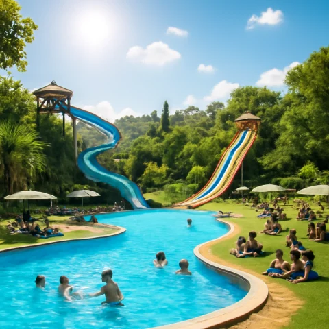 פארק מים עם משפחות נהנות מבריכות, מגלשות ואזורי פיקניק ביוהנסבורג