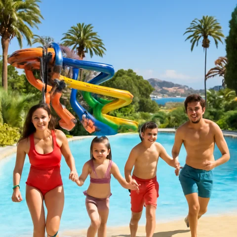 משפחה נהנית מיום שמש בפארק מים צבעוני עם מגלשות ובריכות בנוף ים תיכוני בריביירה הצרפתית